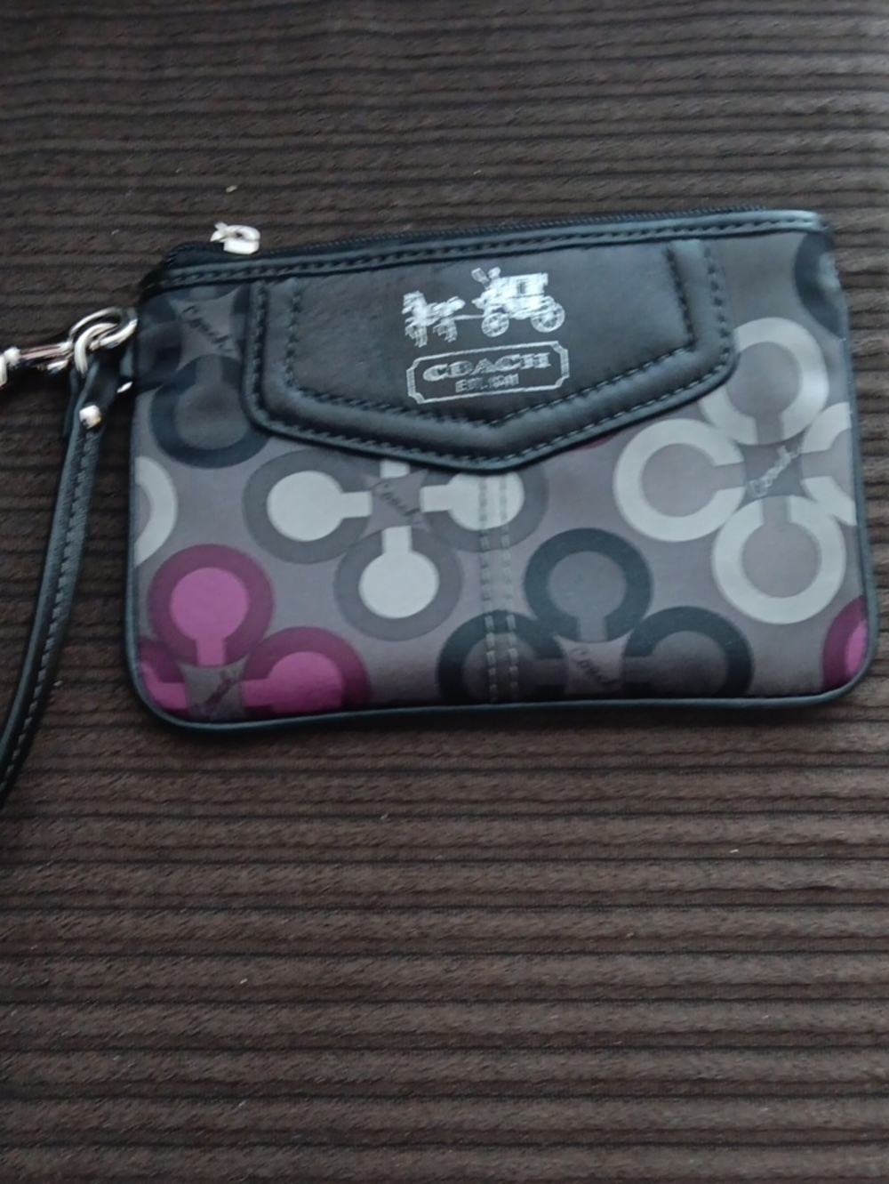 Coach Wristlet in Black, Gray and Purple Pattern